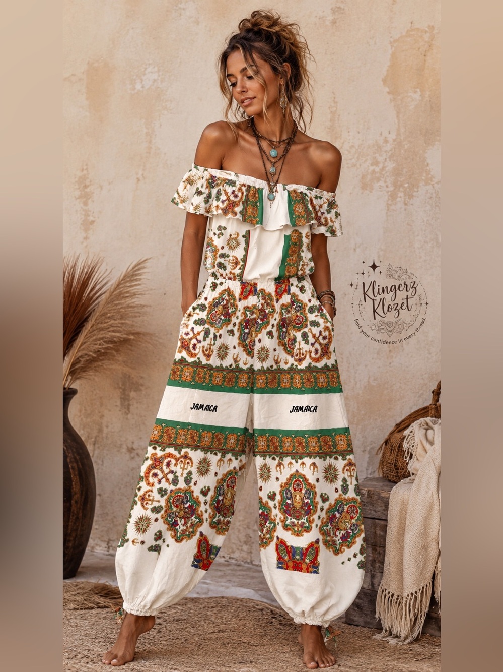 Boutique Boho Jamaica Print Off Shoulder Harem Jumpsuit | Like New